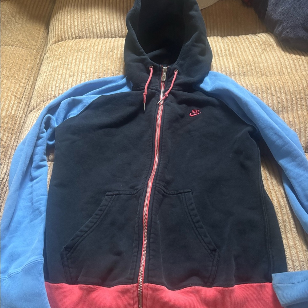 Nike Black Hoodie with Blue Sleeves and Pink Details